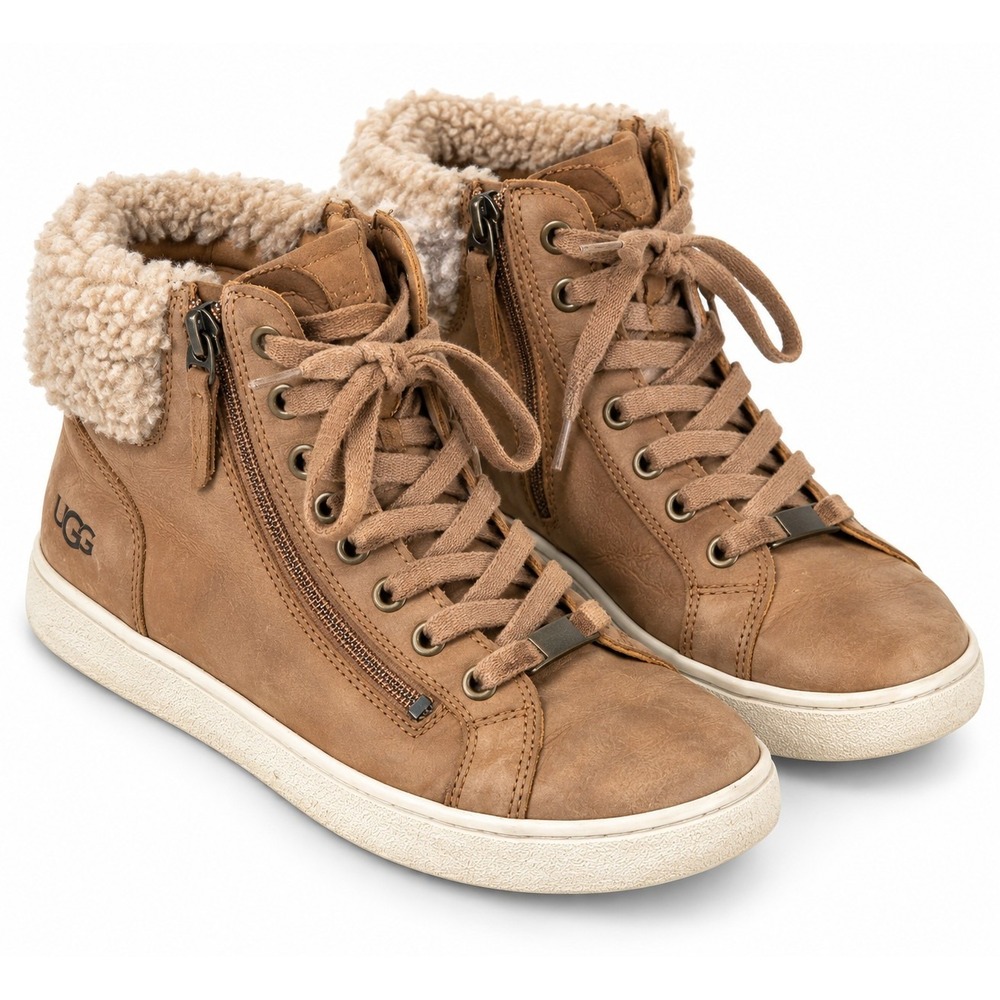 UGG Womens 10 High Top Sneakers Tan Brown Leather Shearling Side Zip Lace Up